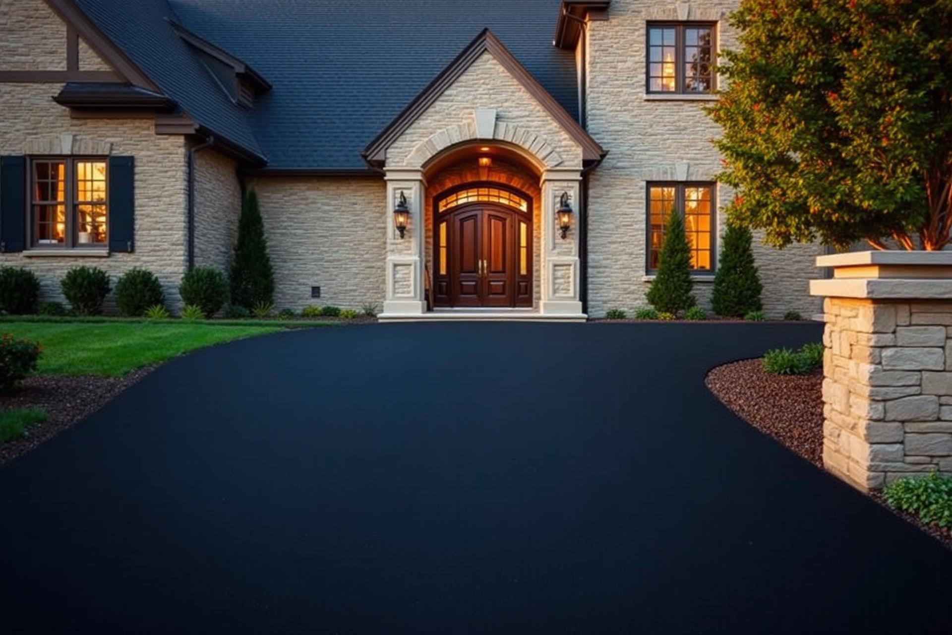 Freshly paved asphalt driveway leading to a stone masonry home in Westchester County